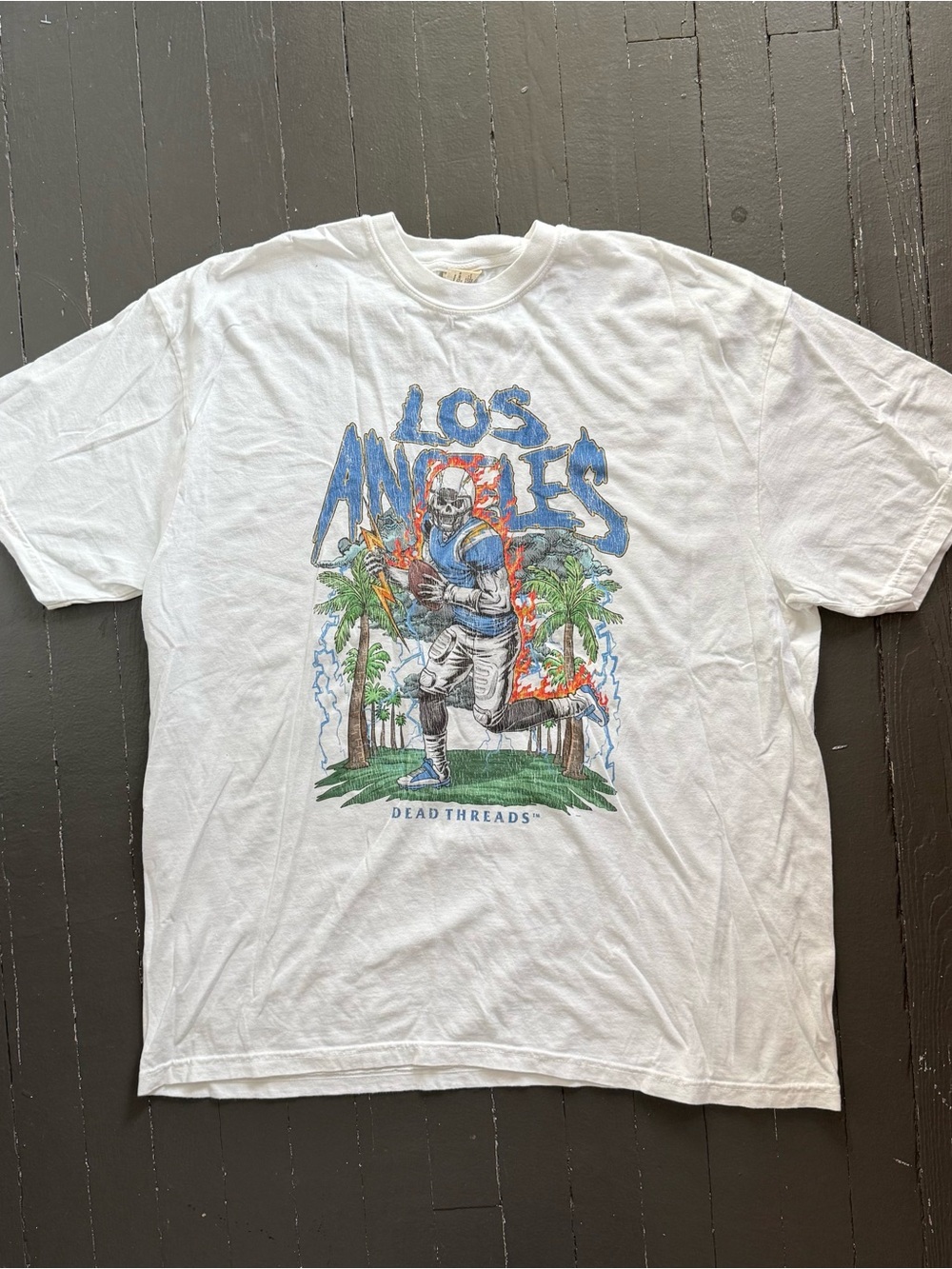 Los Angeles Graphic Tee - White with skeleton football player Dead Threads